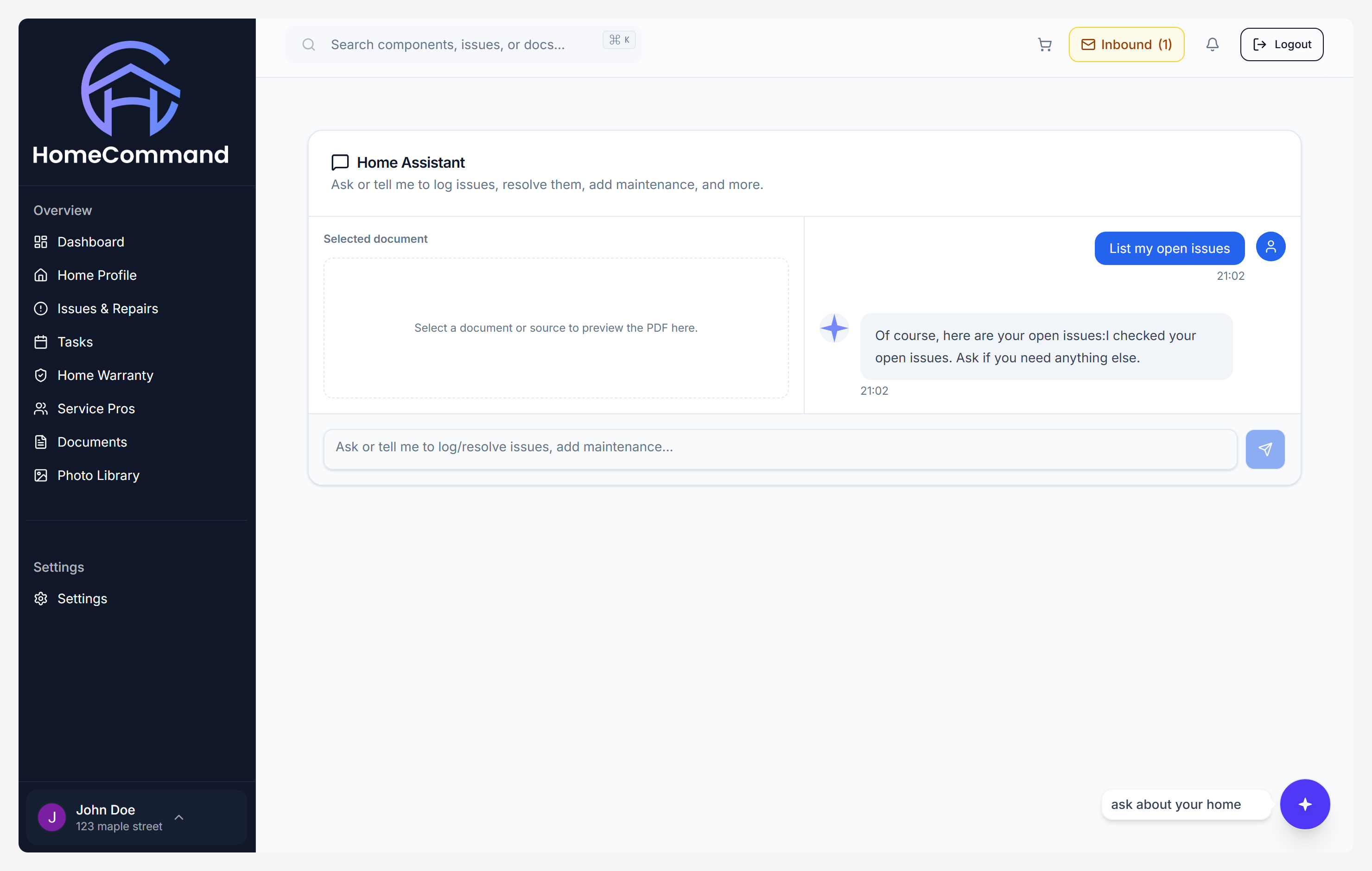 HomeCommand Pro assistant after listing open issues, showing a citation chip and the Selected document PDF viewer as the source of truth.